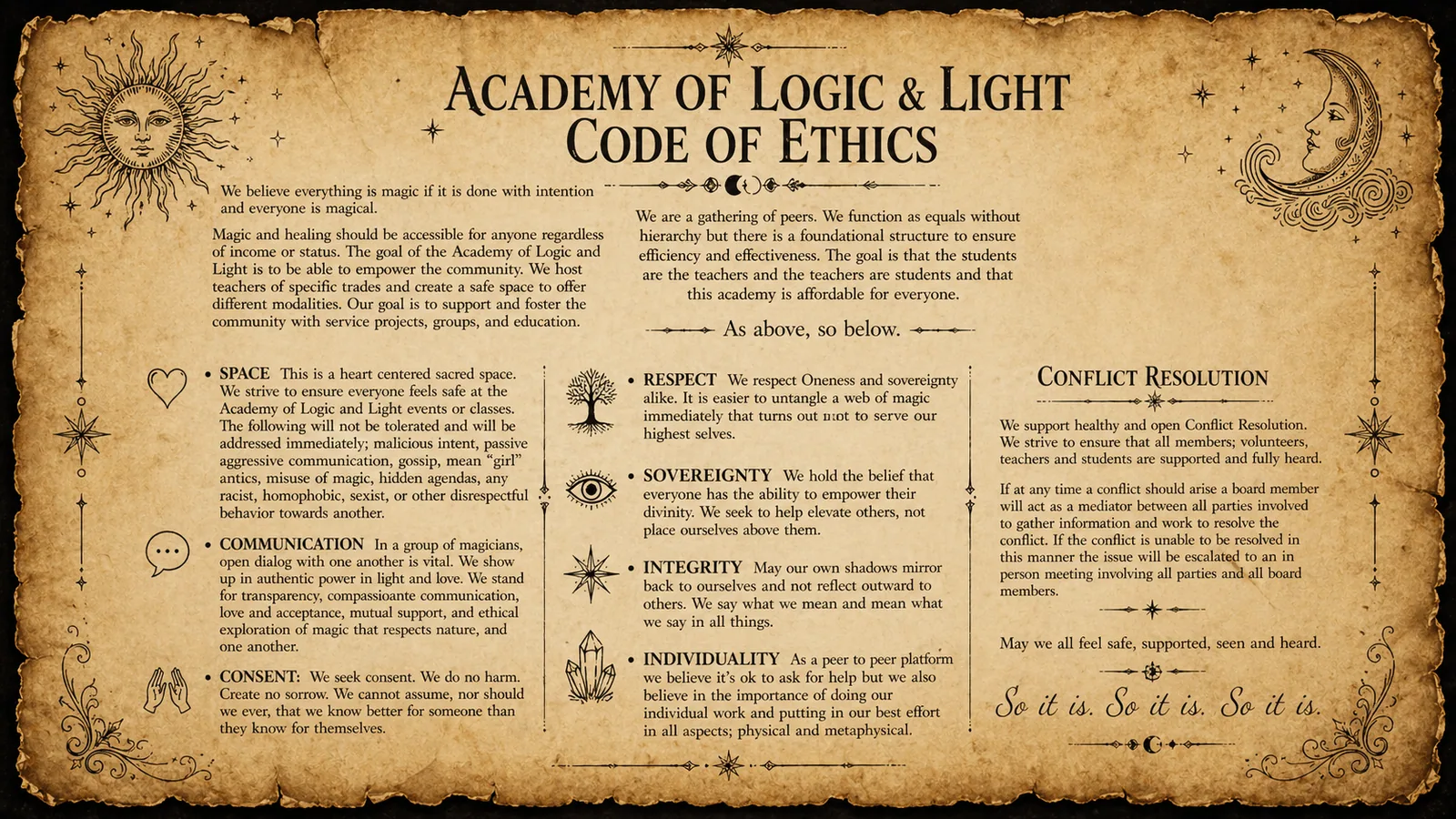 Academy of Logic and Light · Code of Ethics: Space, Communication, Consent, Respect, Sovereignty, Integrity, Individuality, and Conflict Resolution