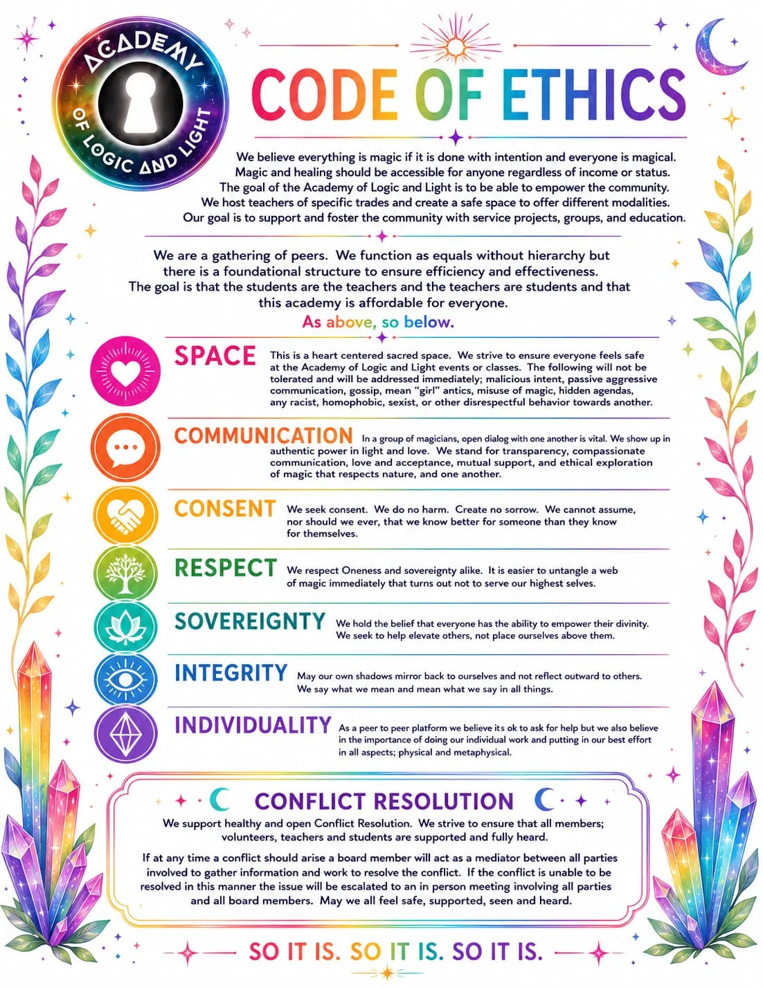 Academy of Logic and Light · Code of Ethics: Space, Communication, Consent, Respect, Sovereignty, Integrity, Individuality, and Conflict Resolution