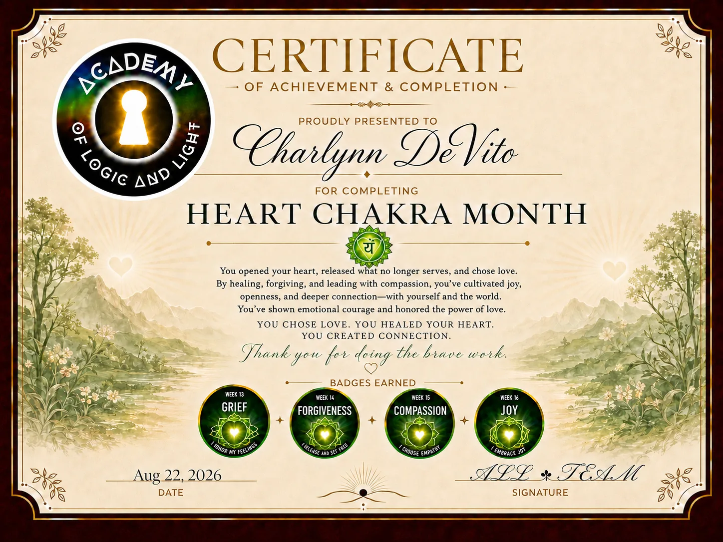 Charlynn · Heart Chakra Month Certificate of Achievement