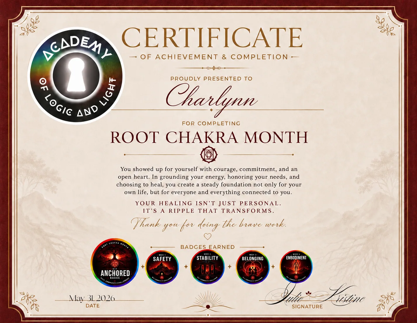Charlynn · Root Chakra Month Certificate of Achievement