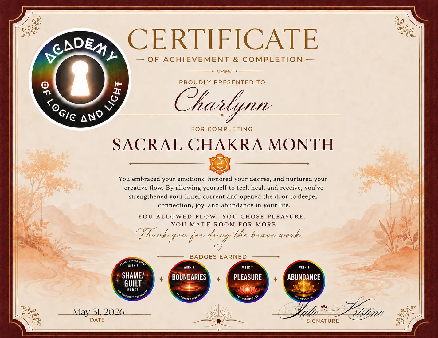 Charlynn · Sacral Chakra Month Certificate of Achievement