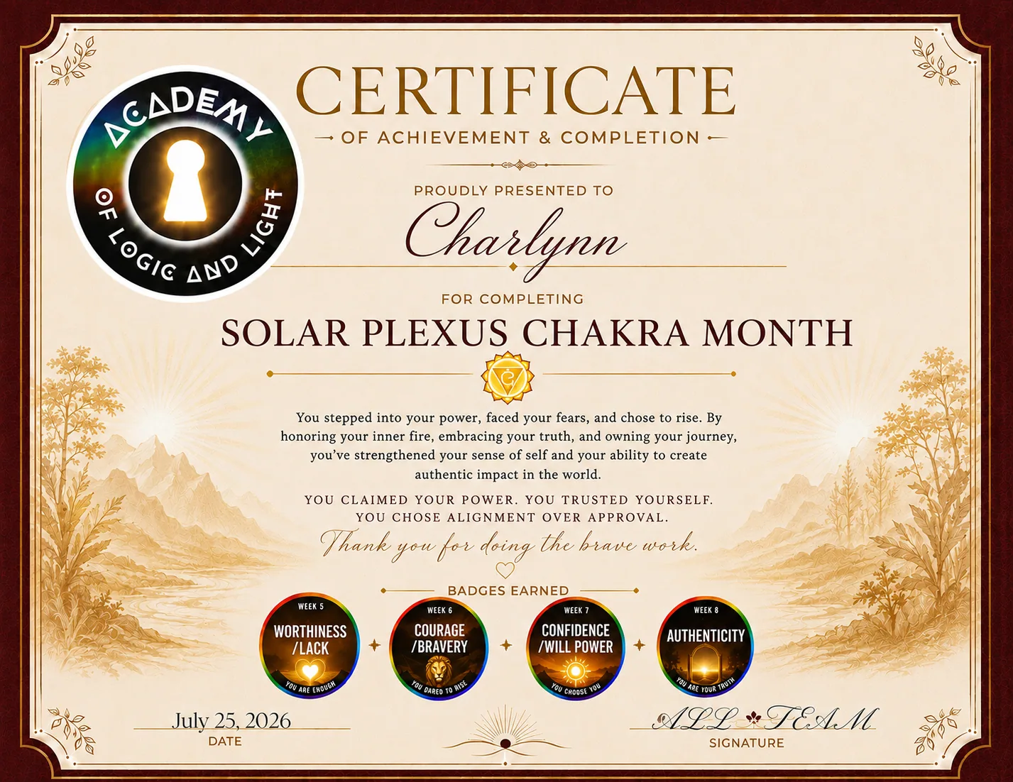 Charlynn · Solar Plexus Chakra Month Certificate of Achievement