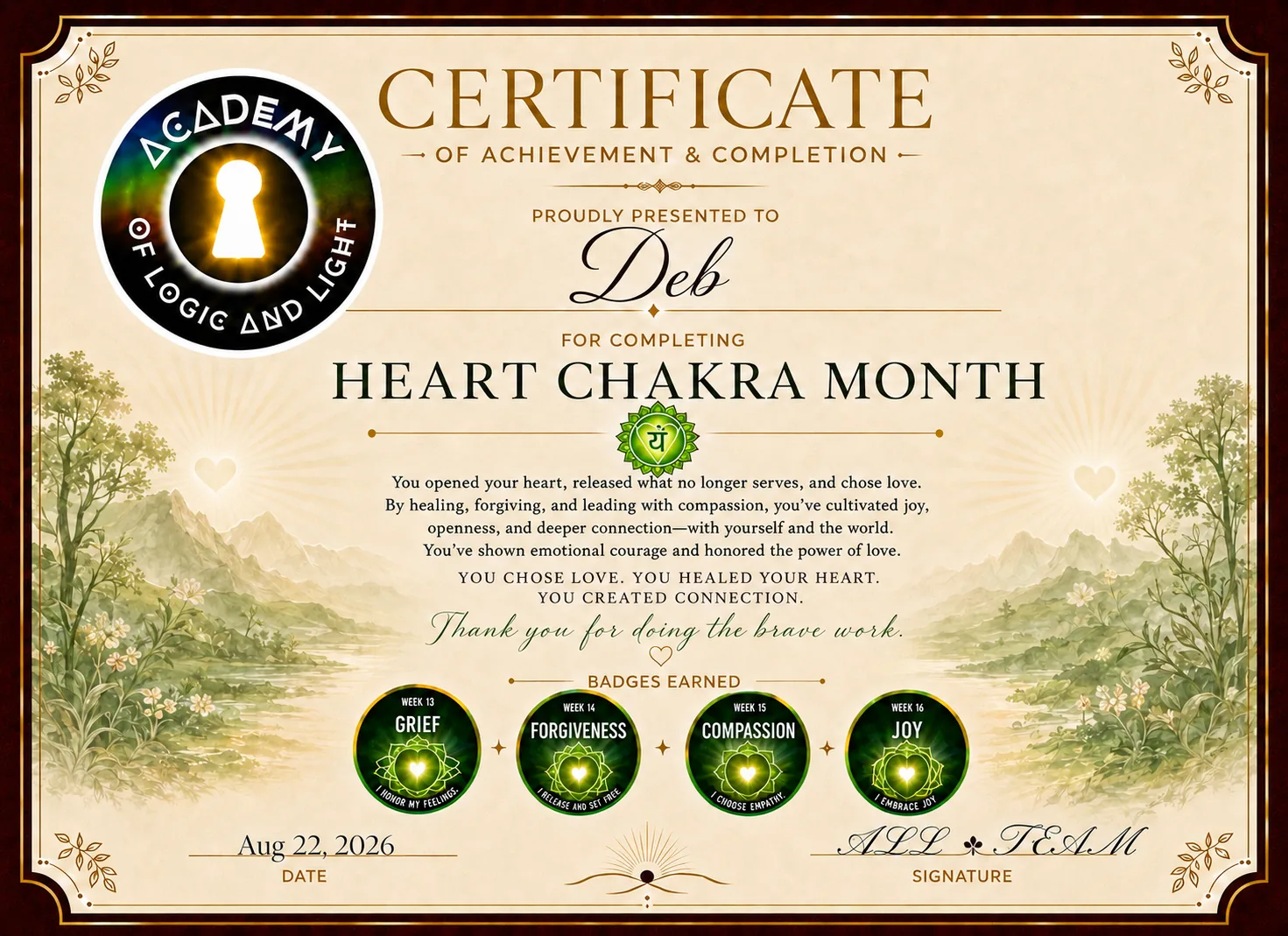 Deb · Heart Chakra Month Certificate of Achievement