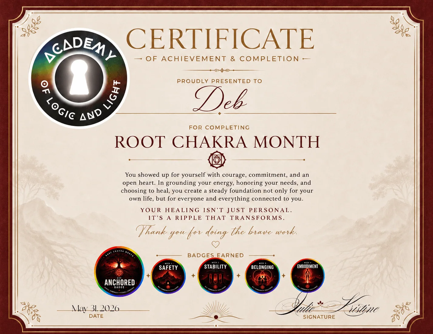 Deb · Root Chakra Month Certificate of Achievement