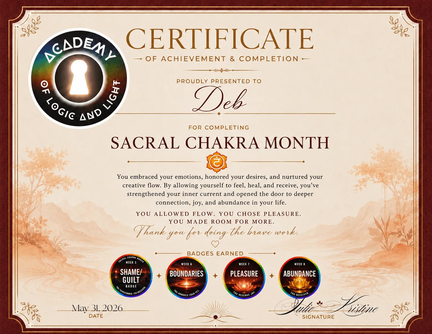 Deb · Sacral Chakra Month Certificate of Achievement