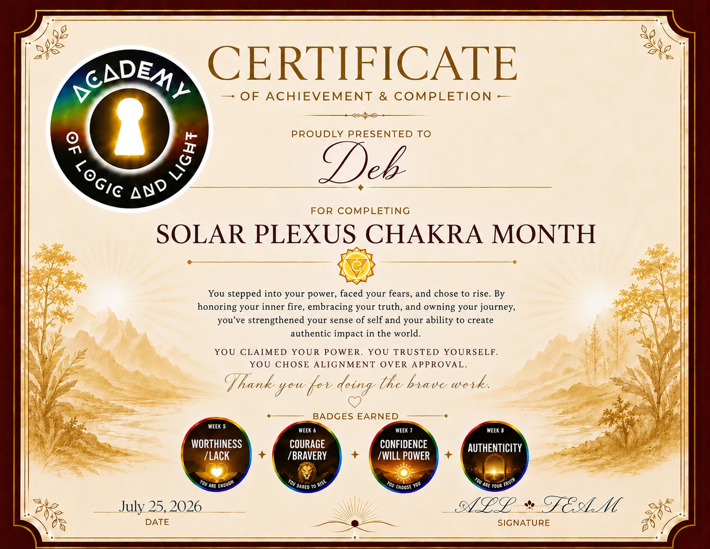 Deb · Solar Plexus Chakra Month Certificate of Achievement