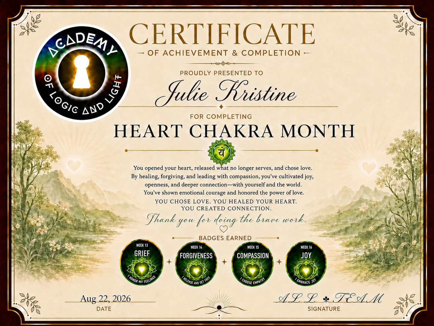 Julie Kristine · Heart Chakra Month Certificate of Achievement