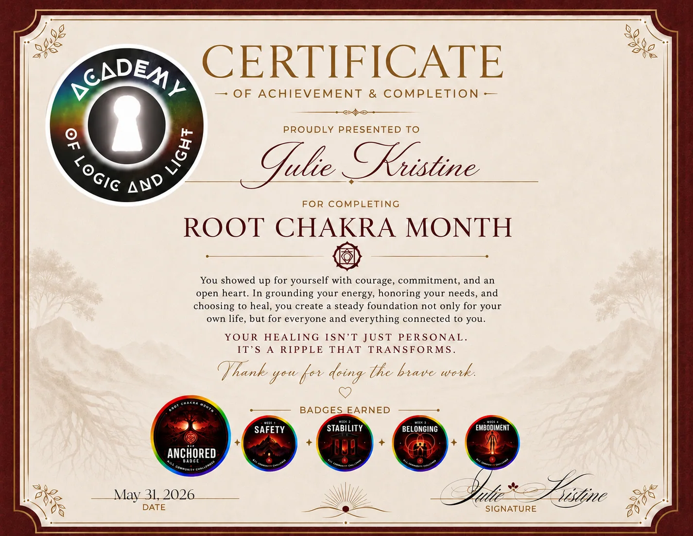 Julie Kristine · Root Chakra Month Certificate of Achievement