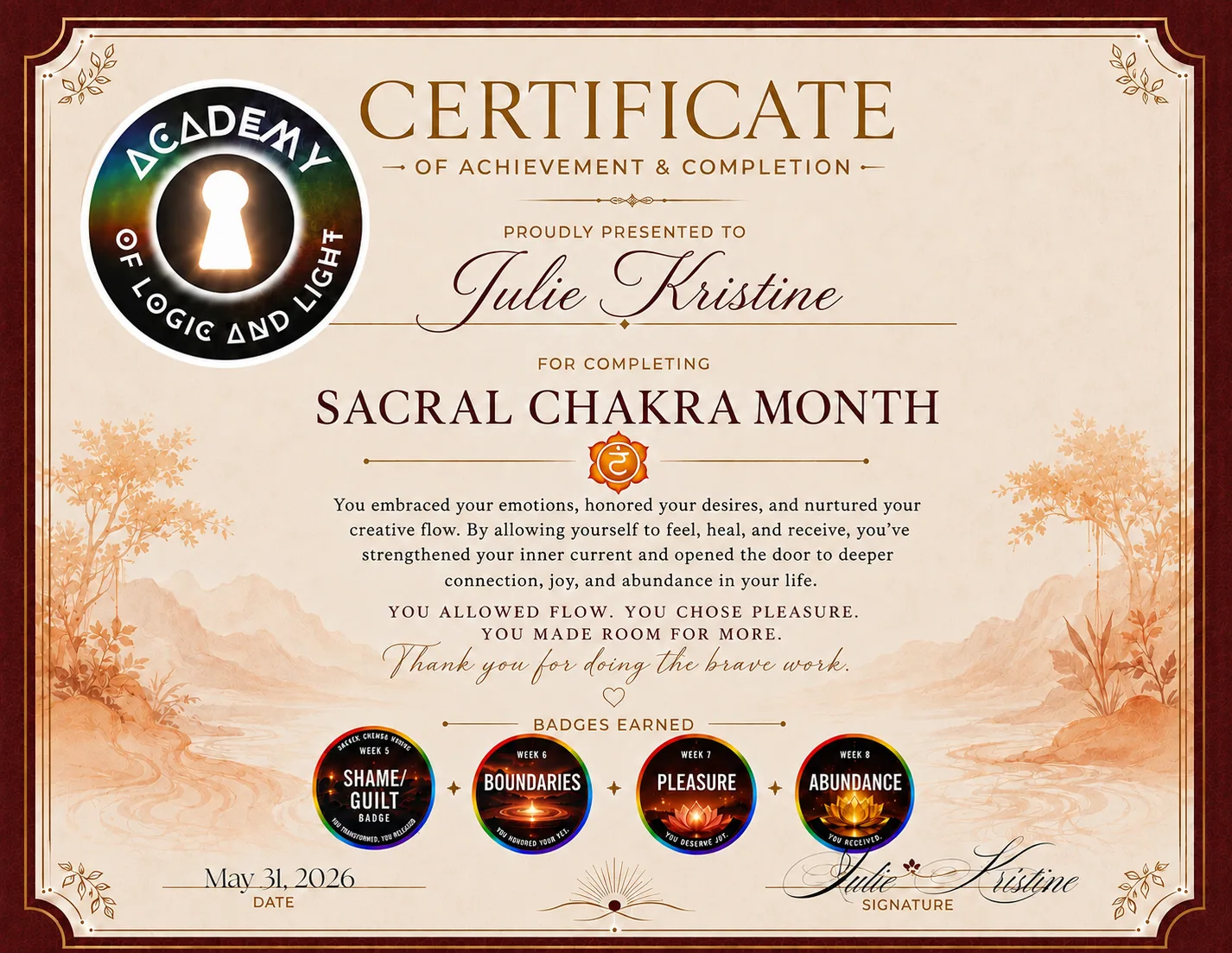 Julie Kristine · Sacral Chakra Month Certificate of Achievement
