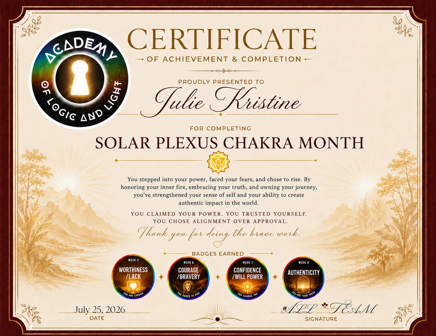 Julie Kristine · Solar Plexus Chakra Month Certificate of Achievement