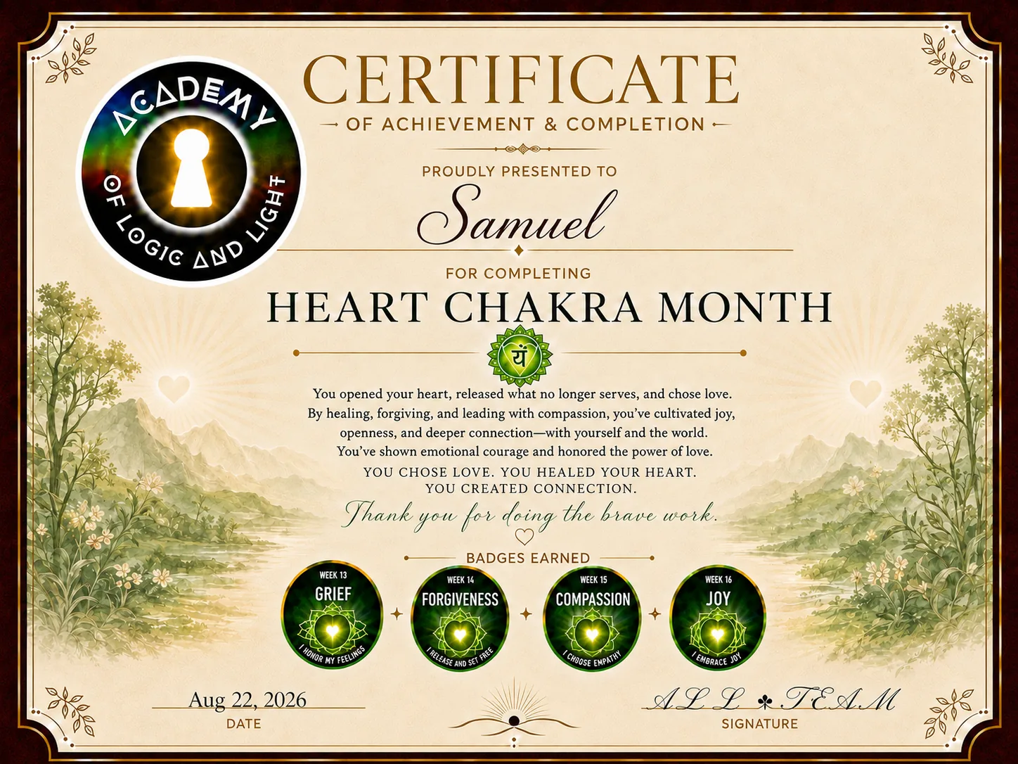 Sam Kruk · Heart Chakra Month Certificate of Achievement