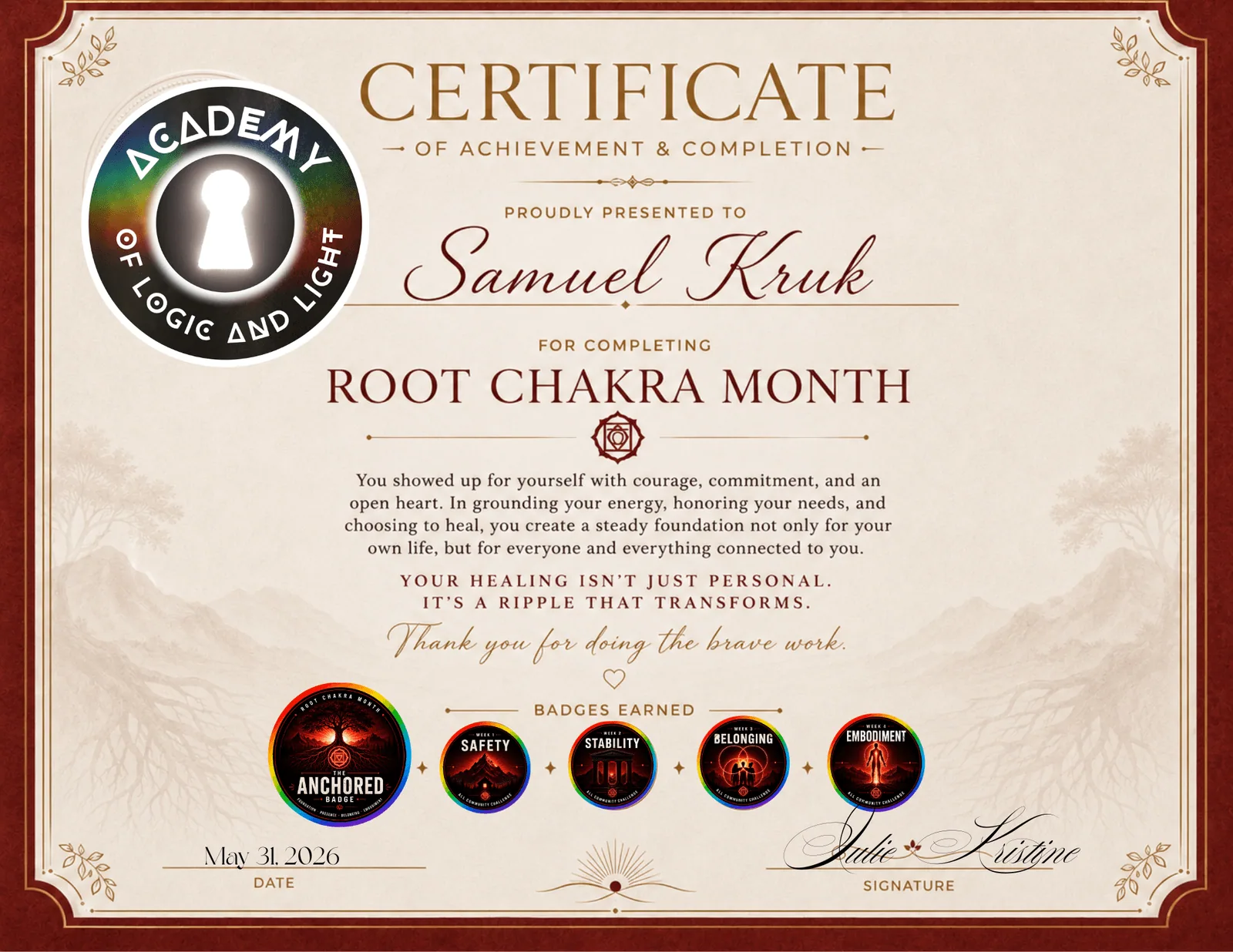 Sam Kruk · Root Chakra Month Certificate of Achievement