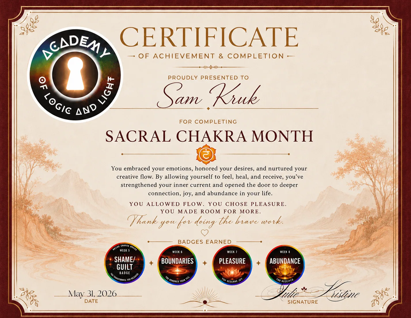 Sam Kruk · Sacral Chakra Month Certificate of Achievement