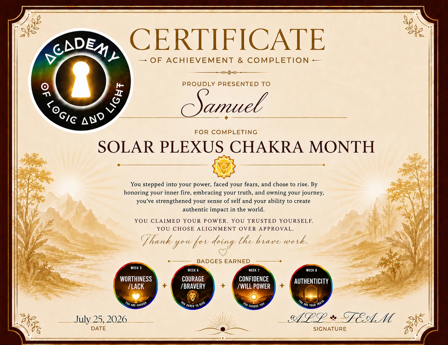Sam Kruk · Solar Plexus Chakra Month Certificate of Achievement