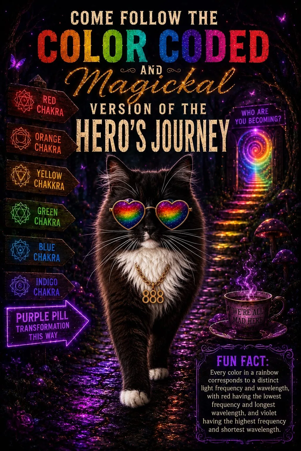 Come follow the color-coded and magickal version of the Hero's Journey: Winston in rainbow heart glasses on the chakra path, from red chakra to purple pill transformation. Who are you becoming?