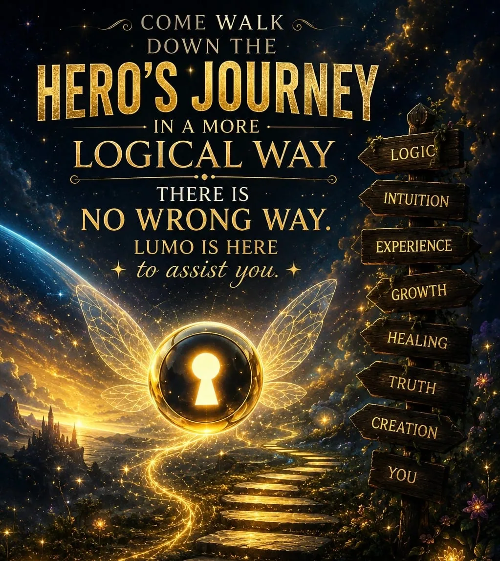 Come walk down the Hero's Journey in a more logical way. There is no wrong way, and Lumo is here to assist you. Signposts: logic, intuition, experience, growth, healing, truth, creation, you.