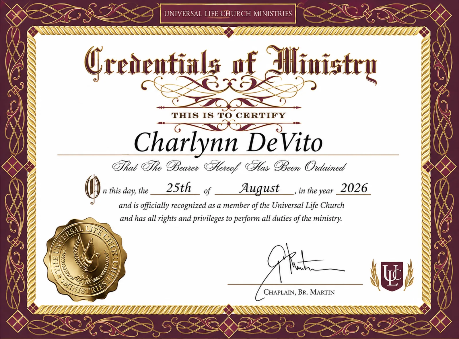 Credentials of Ministry · Ordained Minister