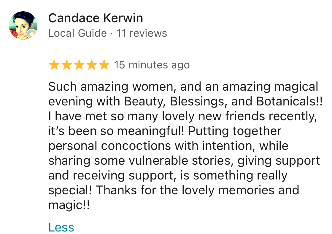 Candace Kerwin's five-star Google review of Beauty, Blessing & Botanicals