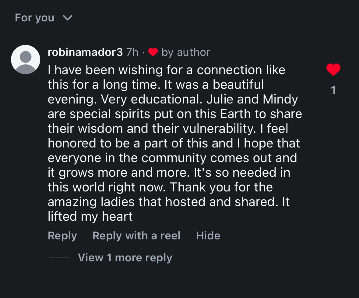 Robin's Instagram comment about the Beauty, Blessing & Botanicals evening
